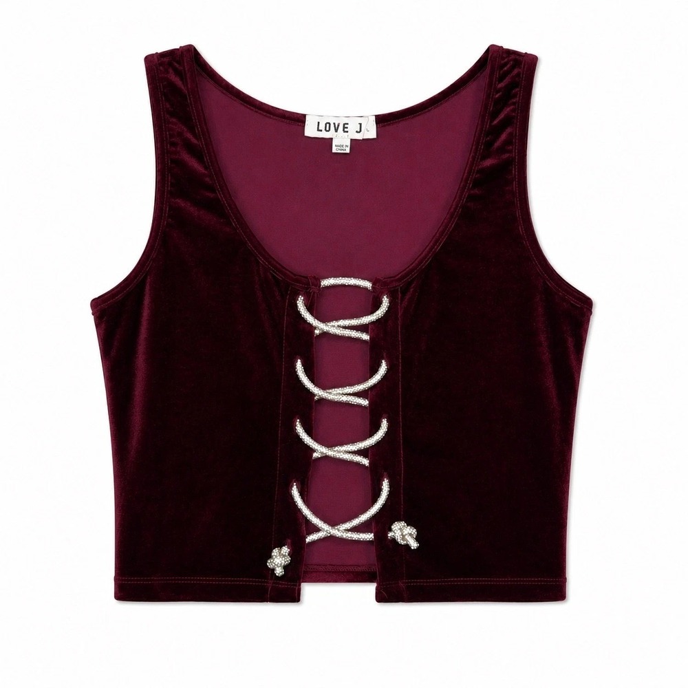 Love J Velvet Lace Up Crop Top Burgundy Sleeveless Medium
